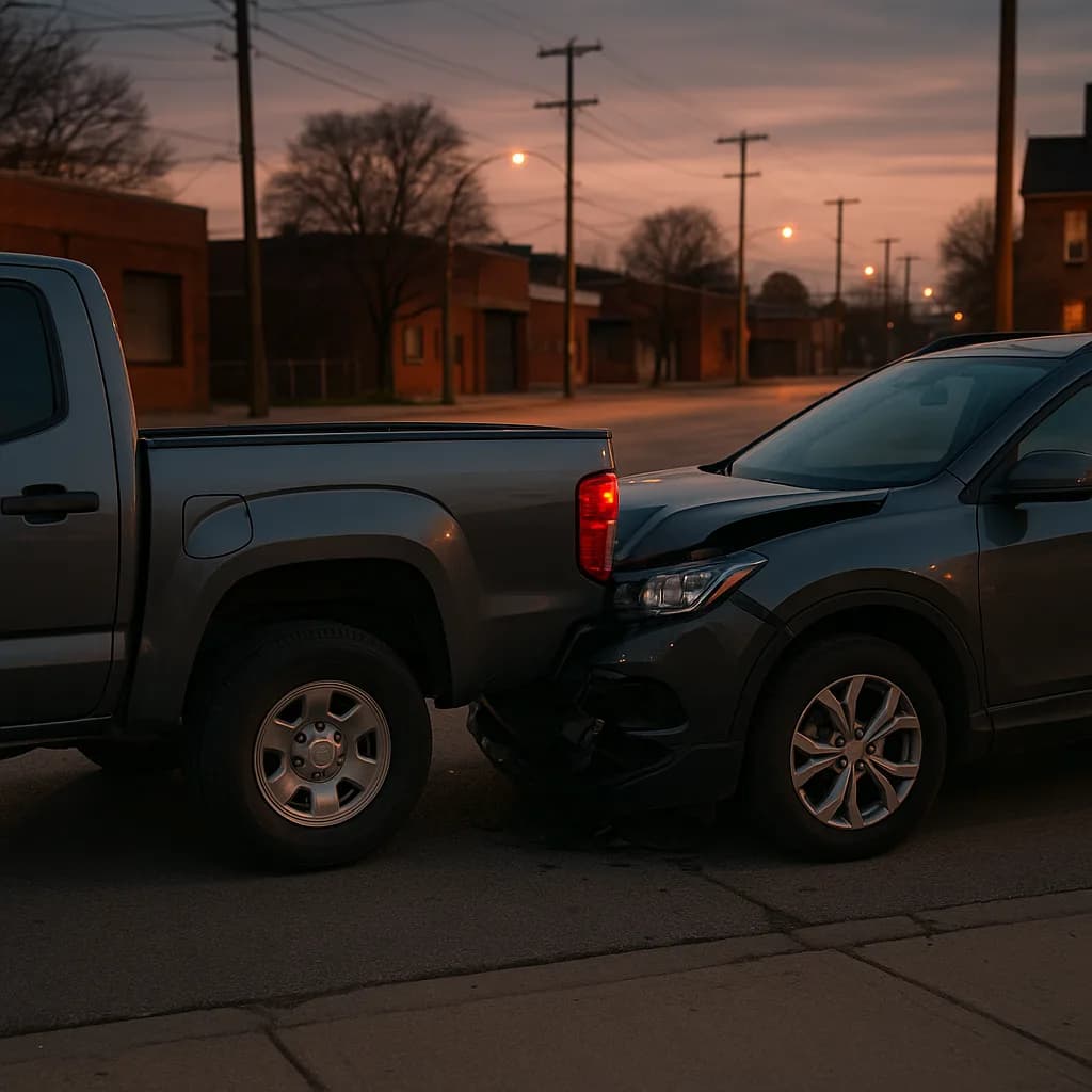 Two vehicles in minor collision at dusk on suburban street with streetlights and buildings in background
